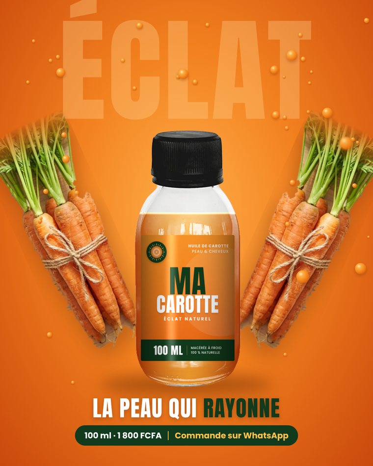 Exemple d'affiche publicitaire : un flacon Macarotte entre deux bottes de carottes, titre « La peau qui rayonne »