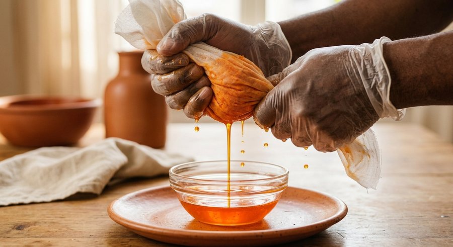 Mains gantées pressant un tissu rempli de carottes râpées, l'huile orange coule dans un bol